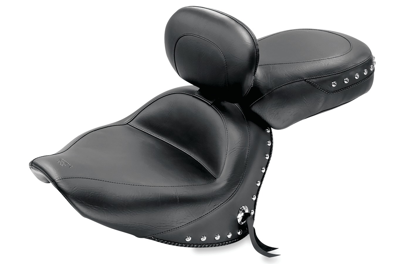 Wide Touring Two-Piece Seat with Driver Backrest for Yamaha V-Star 1300 & 1300 Tourer 2007-17, Chrome Studded, Black with Conchos